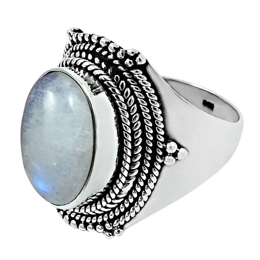 Cocktail Tribal Ring 925 Silver Natural Rainbow Moonstone U1