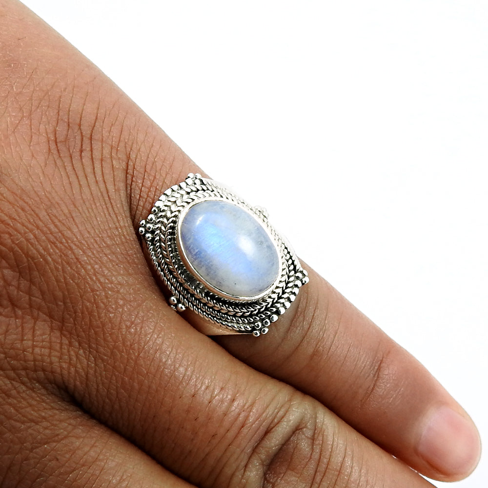 Cocktail Tribal Ring 925 Silver Natural Rainbow Moonstone U1
