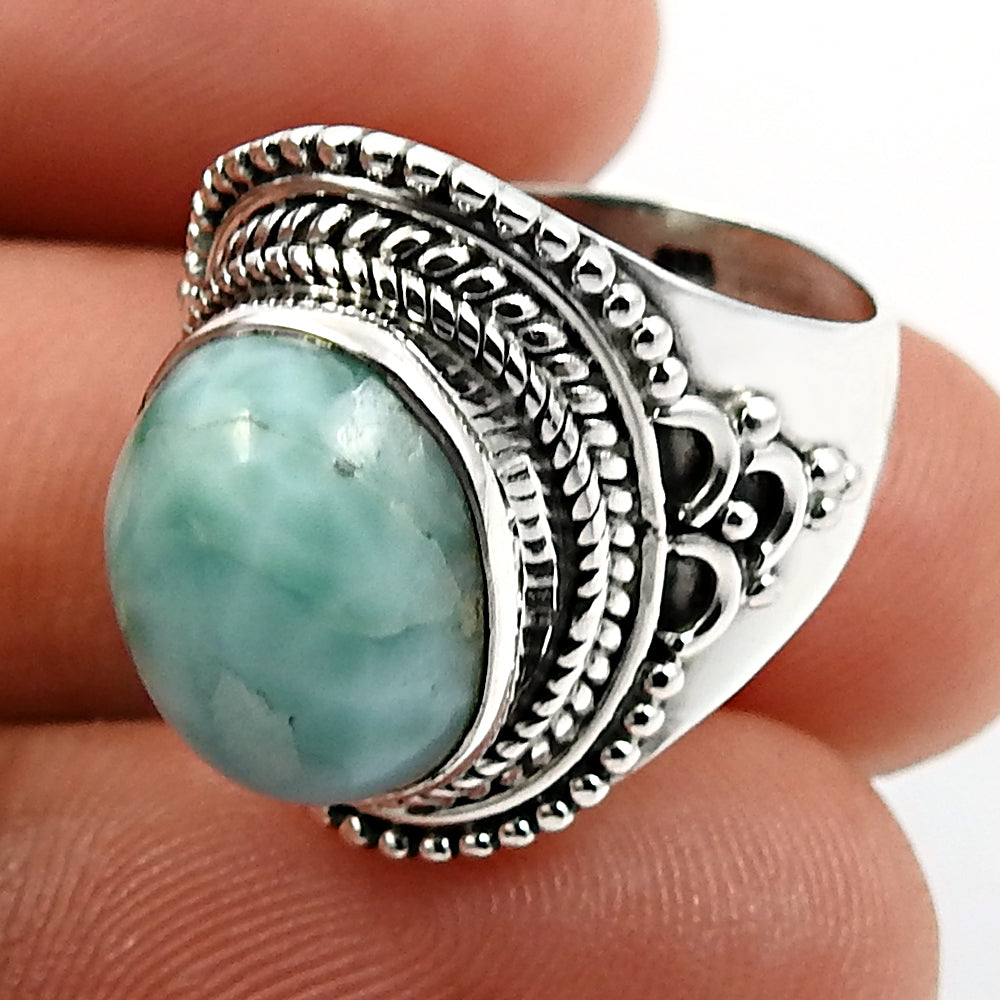 Natural Larimar Gemstone Solitaire Tribal Blue Ring 925 Silver M16