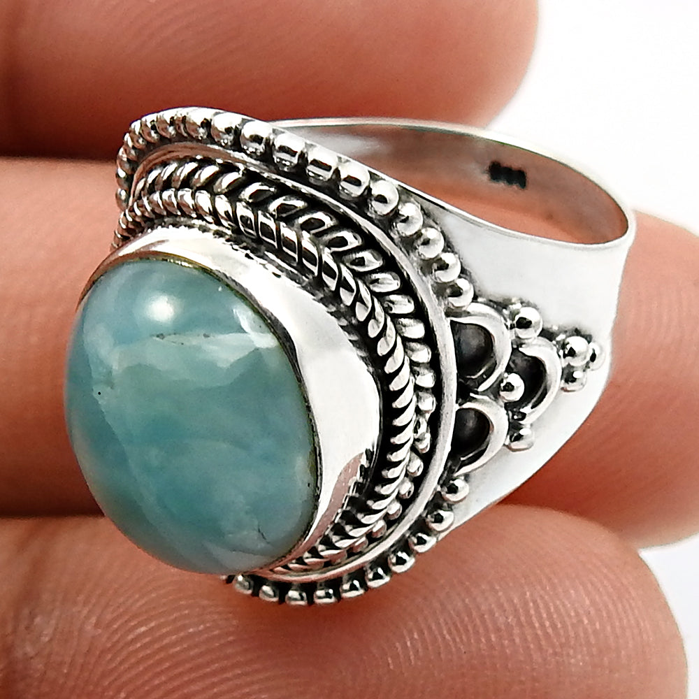 Natural Larimar Gemstone Solitaire Tribal Blue Ring 925 Silver M16