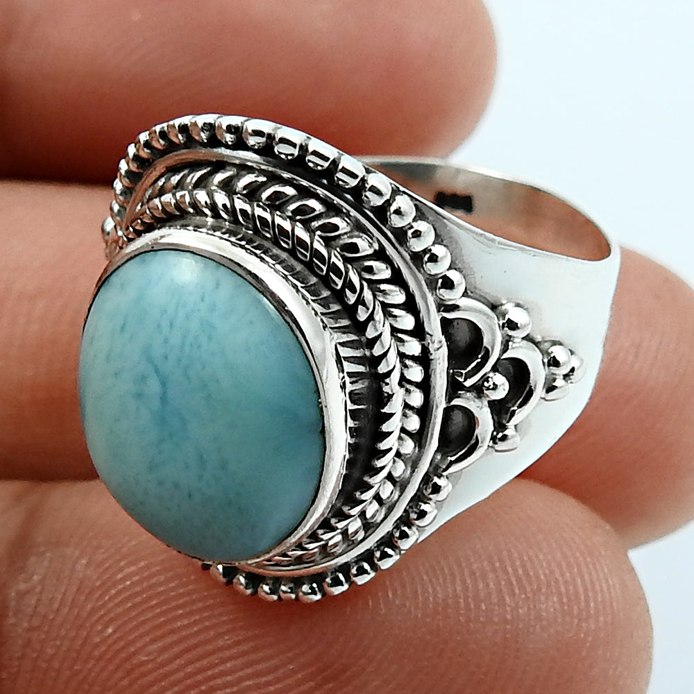 Natural Larimar Gemstone Solitaire Tribal Blue Ring 925 Silver M16