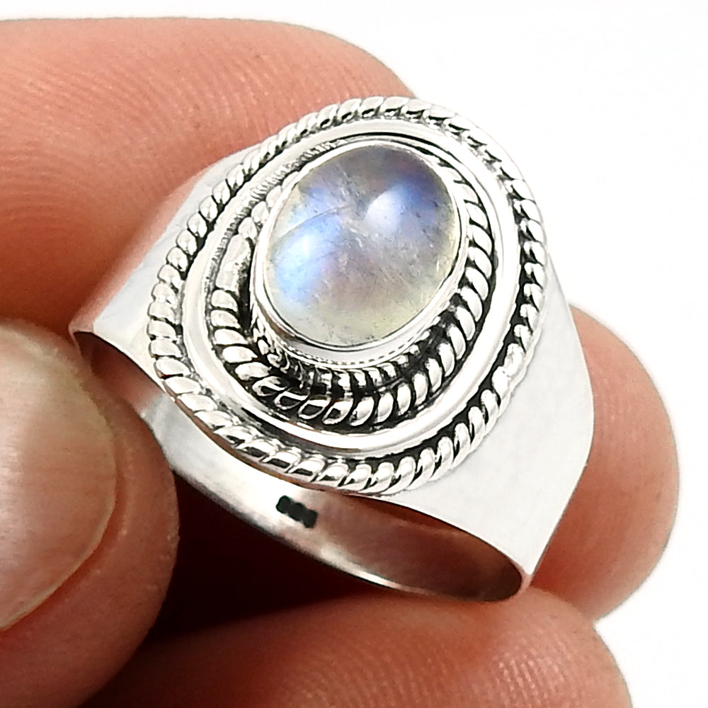 Natural Rainbow Moonstone Statement Bohemian White Ring 925 Silver H8