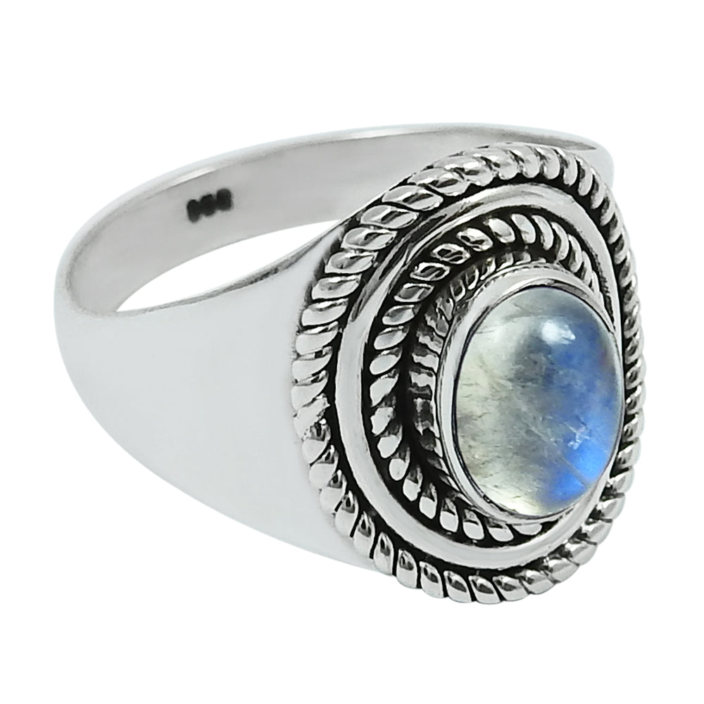 Natural Rainbow Moonstone Statement Bohemian White Ring 925 Silver H8