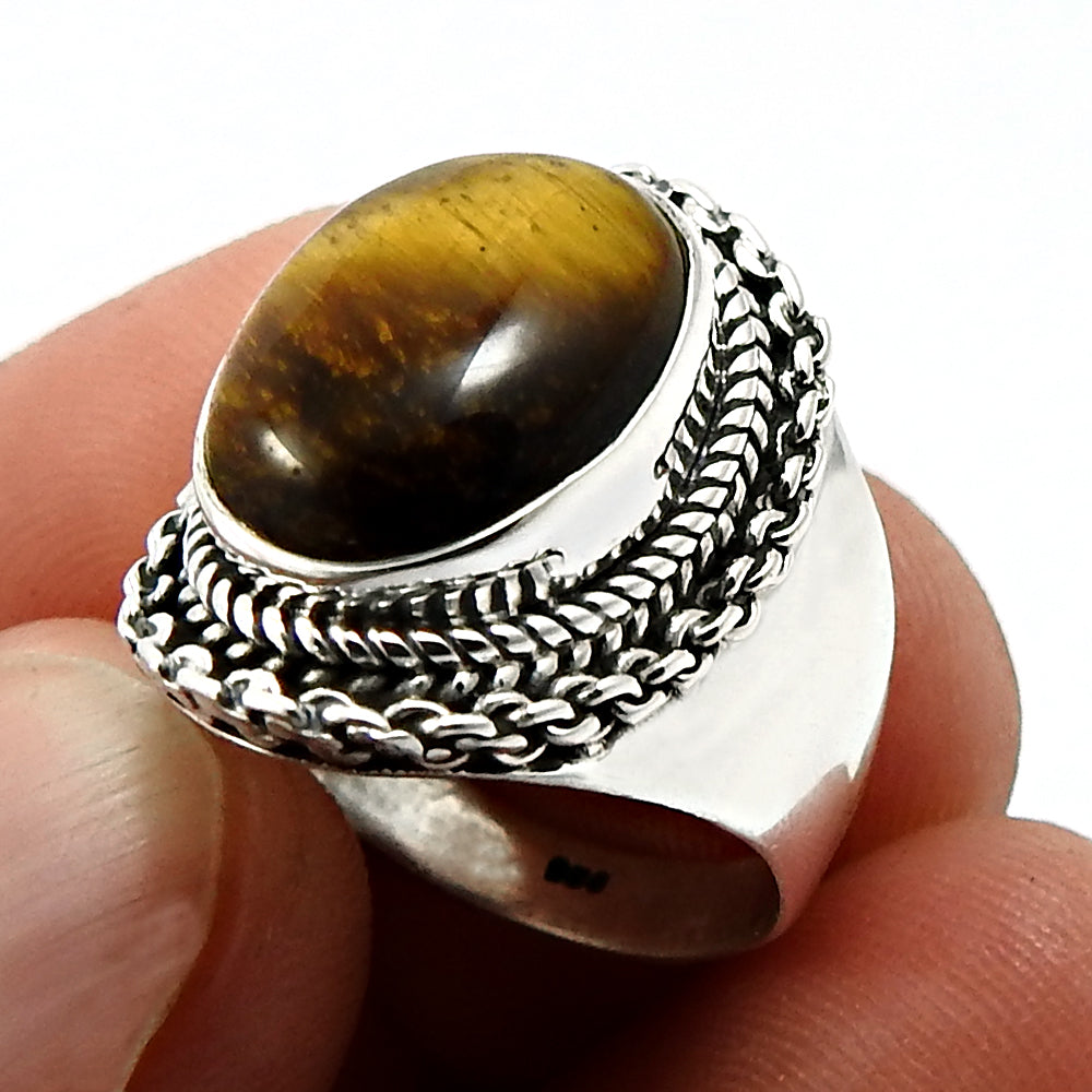 Oval Tiger Eye Gemstone Sterling Silver Wedding Statement Bohemian Ring