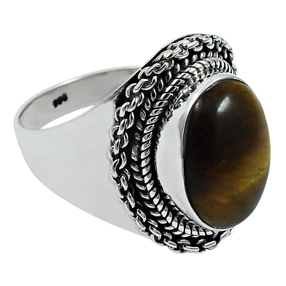 Oval Tiger Eye Gemstone Sterling Silver Wedding Statement Bohemian Ring