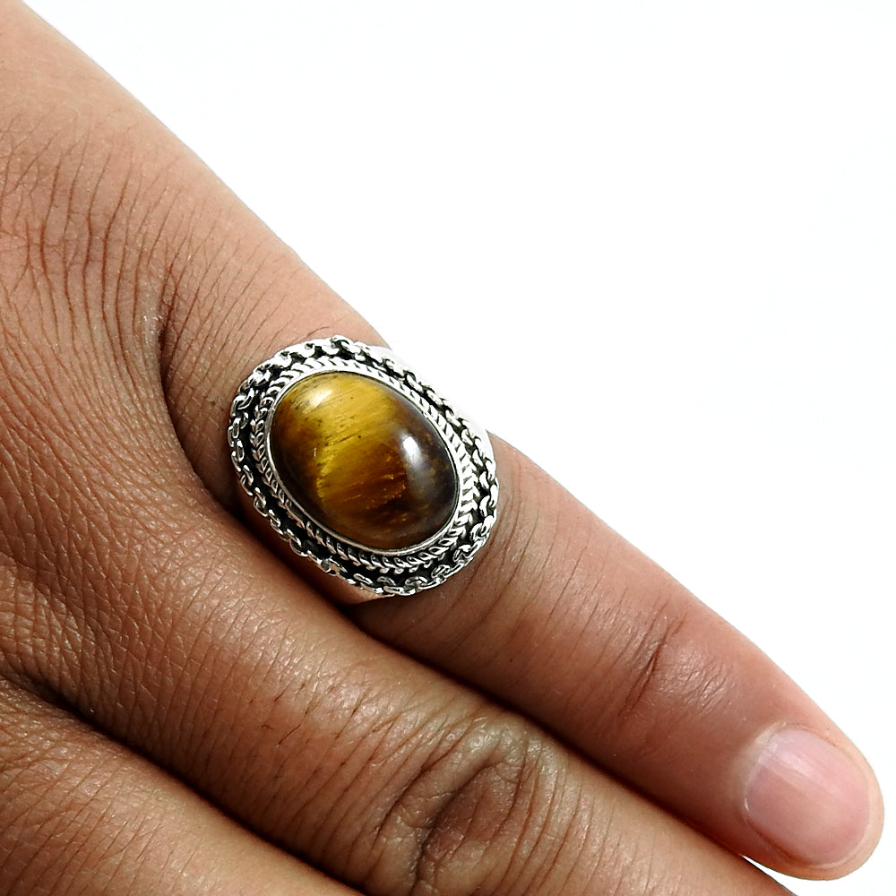 Oval Tiger Eye Gemstone Sterling Silver Wedding Statement Bohemian Ring