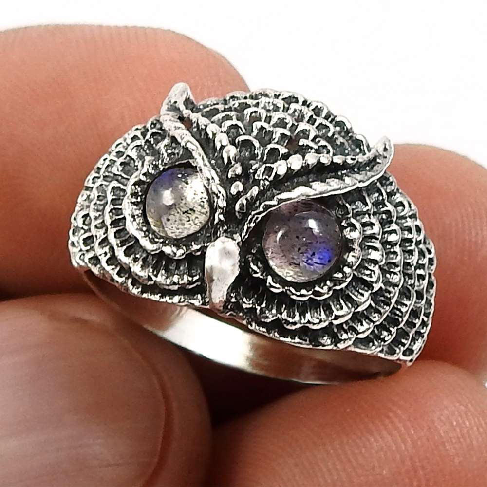 Gift For Woman 925 Silver Natural Labradorite Solitaire Owl Ring L12