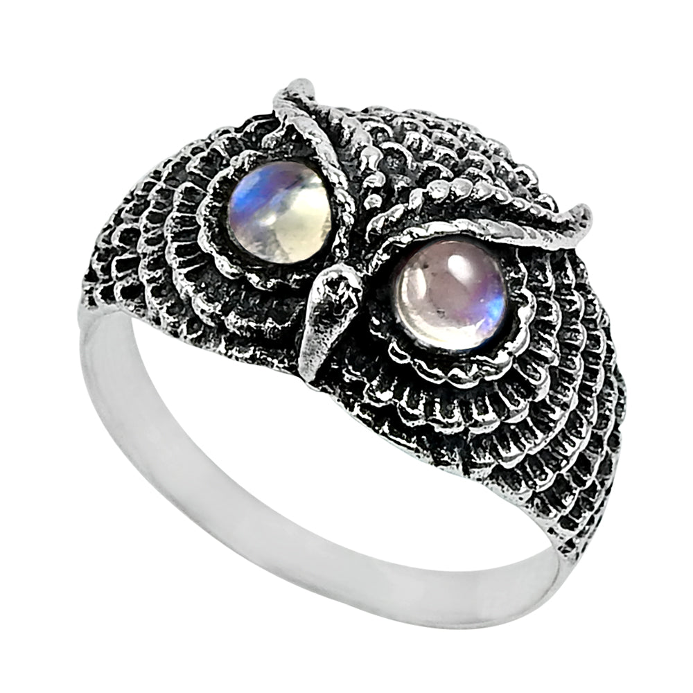 Natural Rainbow Moonstone Solitaire Owl Ring 925 Silver For Girls B32