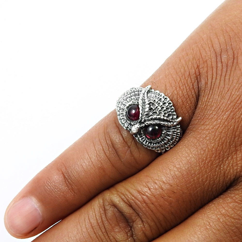 Garnet Gemstone Owl Ring 925 Sterling Silver Jewelry Gift For Her R2