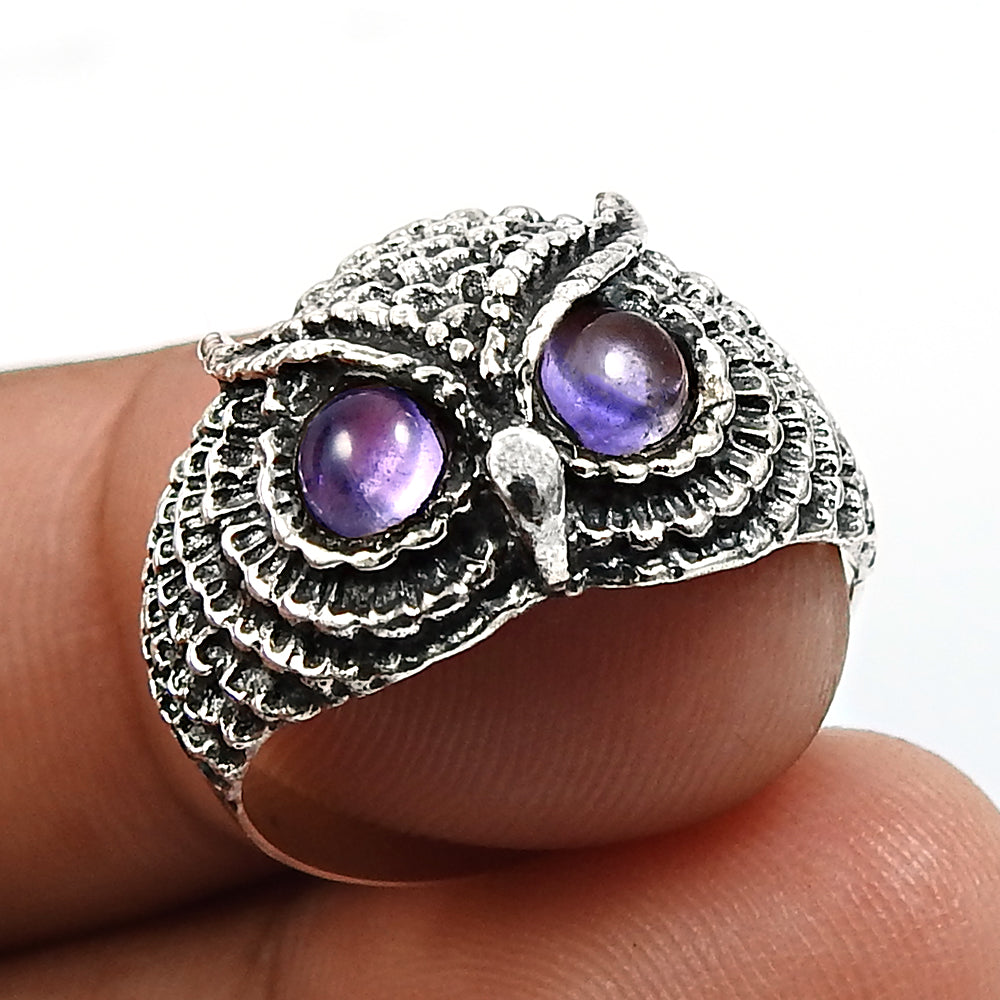 Gift Jewelry Owl Ring Natural Amethyst Gemstone 925 Sterling Silver N8