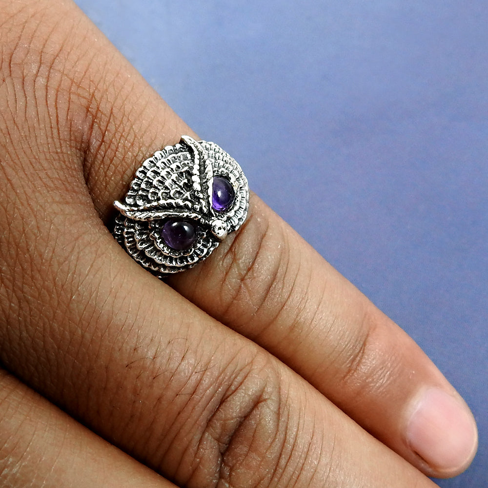 Gift Jewelry Owl Ring Natural Amethyst Gemstone 925 Sterling Silver N8