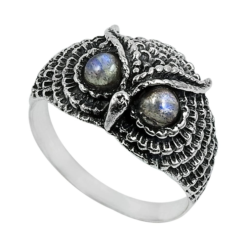 Gift For Woman 925 Silver Natural Labradorite Solitaire Owl Ring L12