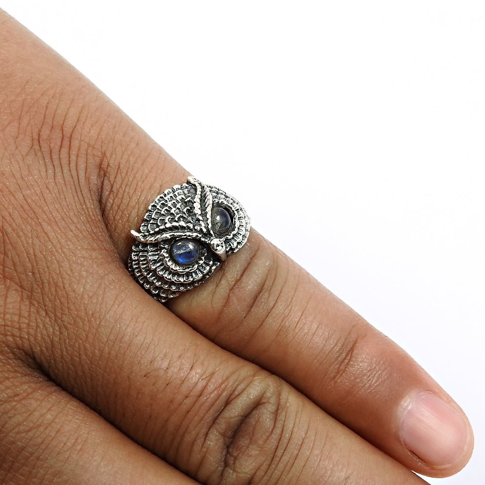 Gift For Woman 925 Silver Natural Labradorite Solitaire Owl Ring L12
