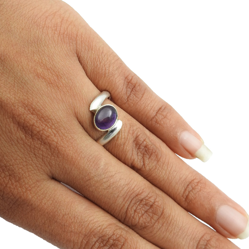 Sterling Silver Natural Amethyst Boho Bohemian Cocktail Bezel Birthday Ring