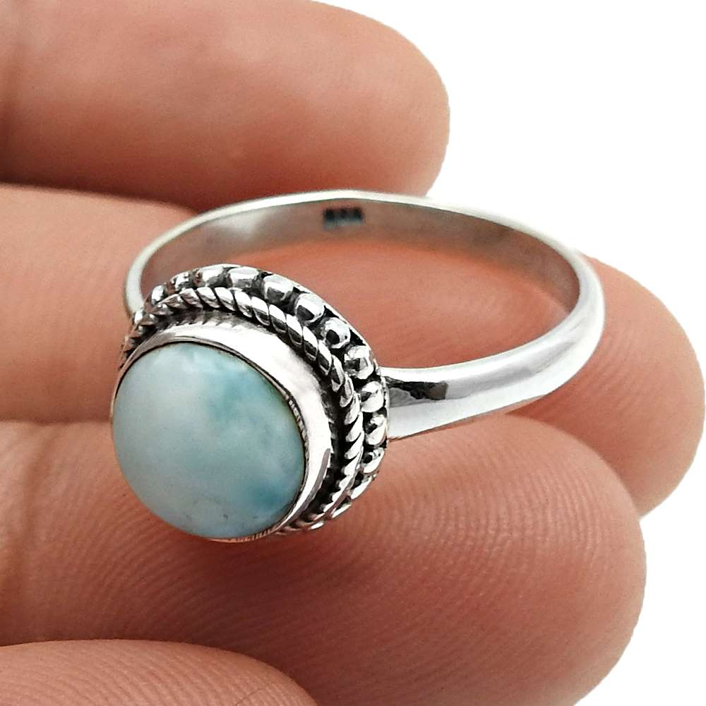 Gift For Her 925 Silver Natural Larimar Solitaire Bohemian Ring D3