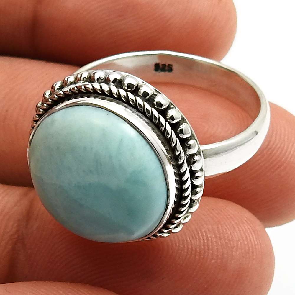 Gift For Woman 925 Silver Natural Larimar Solitaire Vintage Ring X48