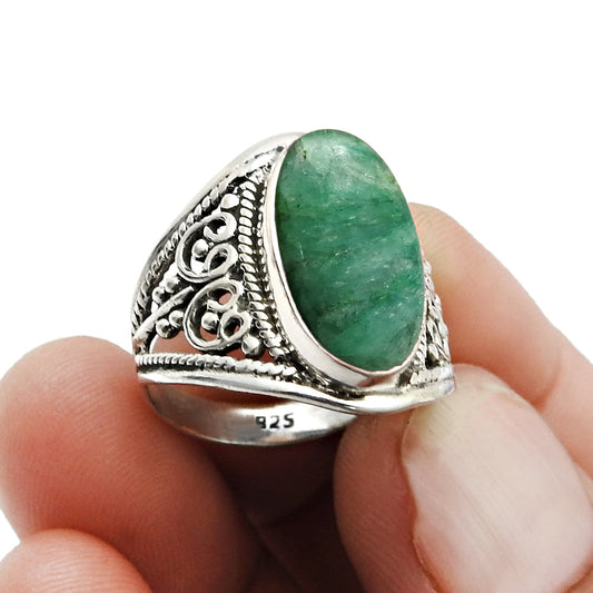 Oval Natural Emerald 925 Sterling Silver Cocktail Ring Handmade Jewelry