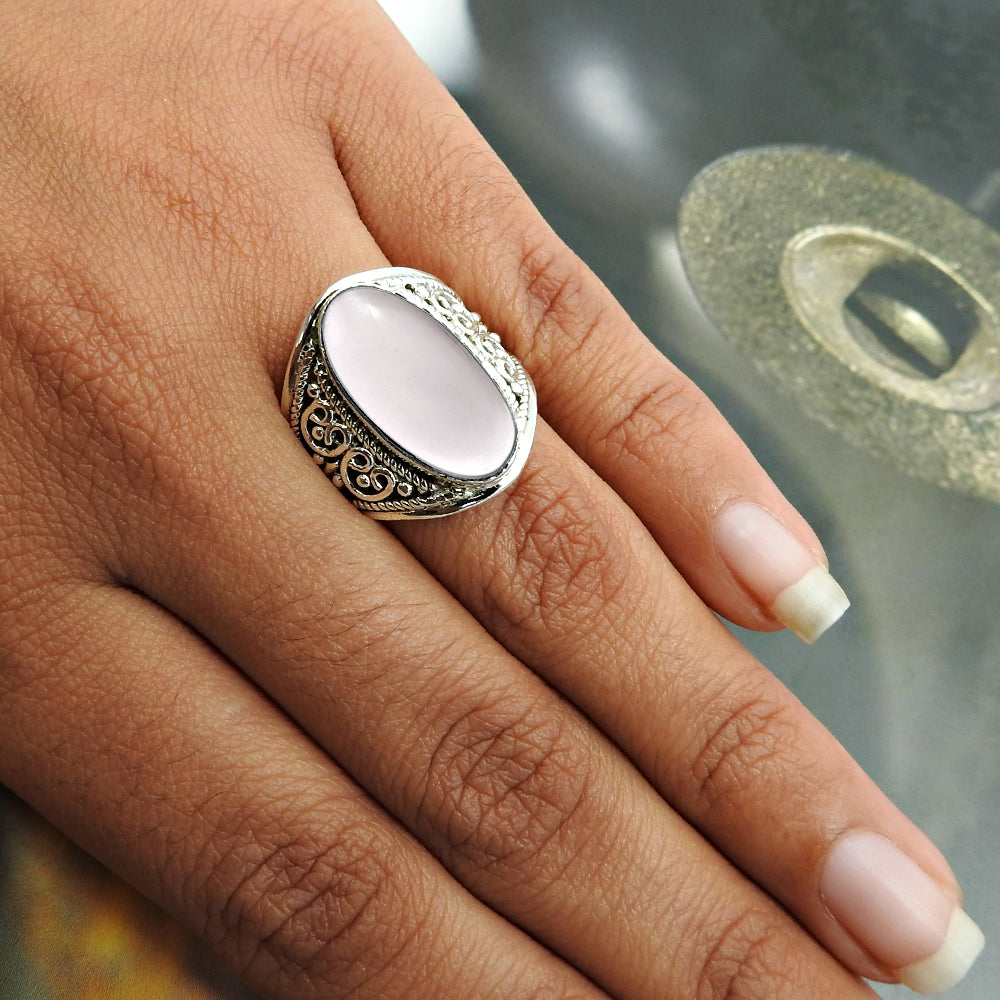 Rose Quartz Gemstone 925 Silver Daughter Cocktail Ethnic Heart Chakra Bezel Ring
