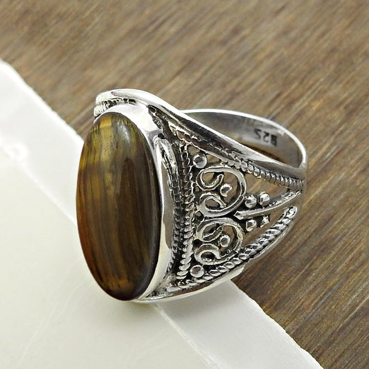 Sterling Silver Oval Tiger Eye Gemstone Solitaire Ethnic Tribal Ring