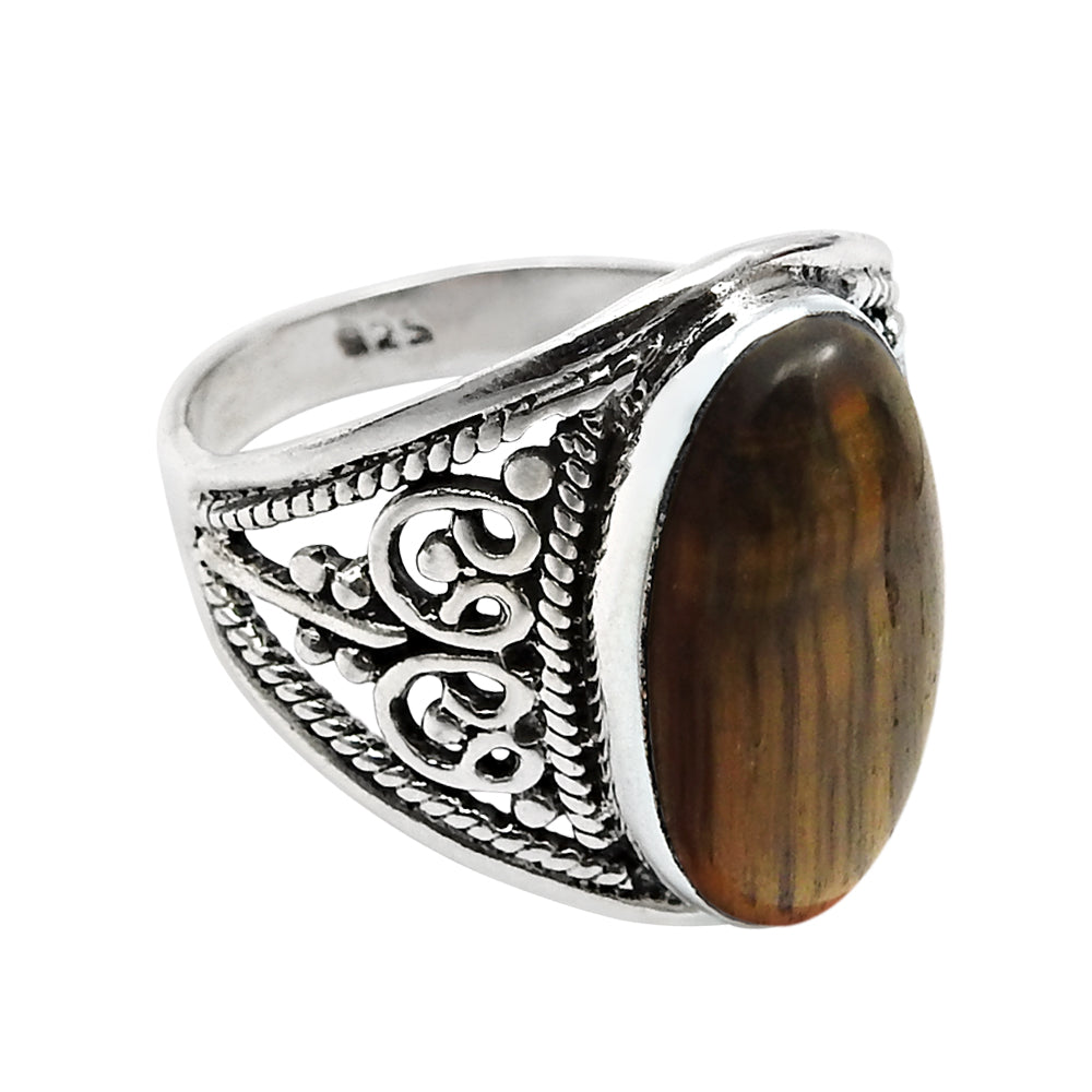 Sterling Silver Oval Tiger Eye Gemstone Solitaire Ethnic Tribal Ring
