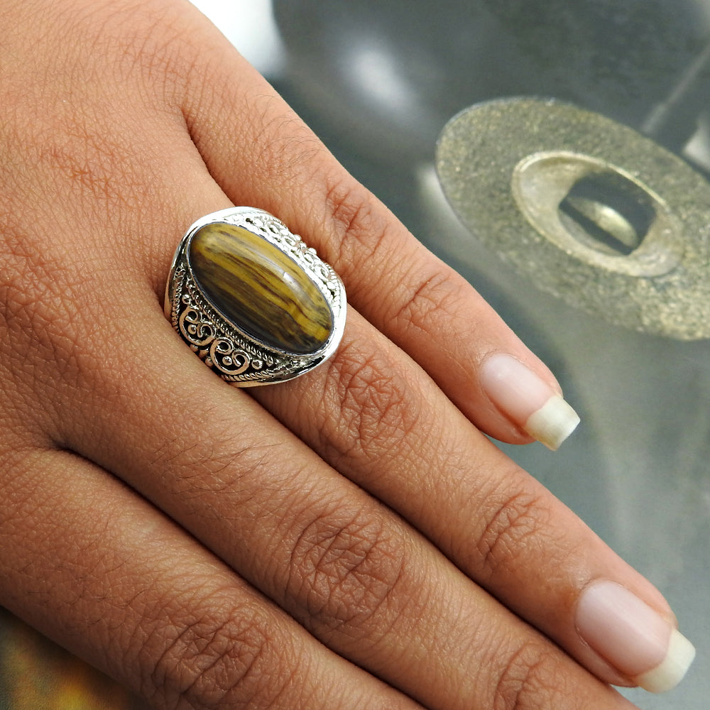 Sterling Silver Oval Tiger Eye Gemstone Solitaire Ethnic Tribal Ring
