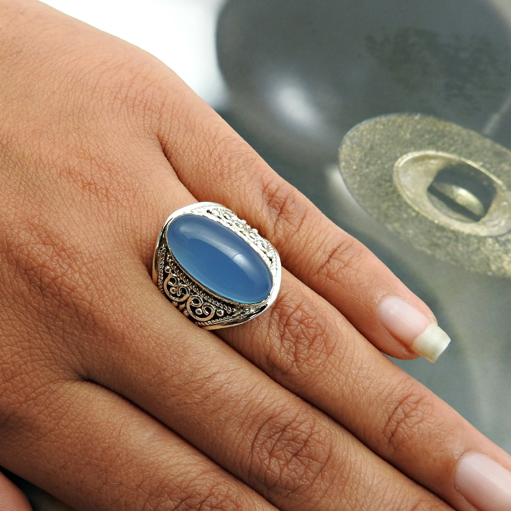 Gift For Woman 925 Silver Natural Chalcedony Cocktail Bohemian Ring W12