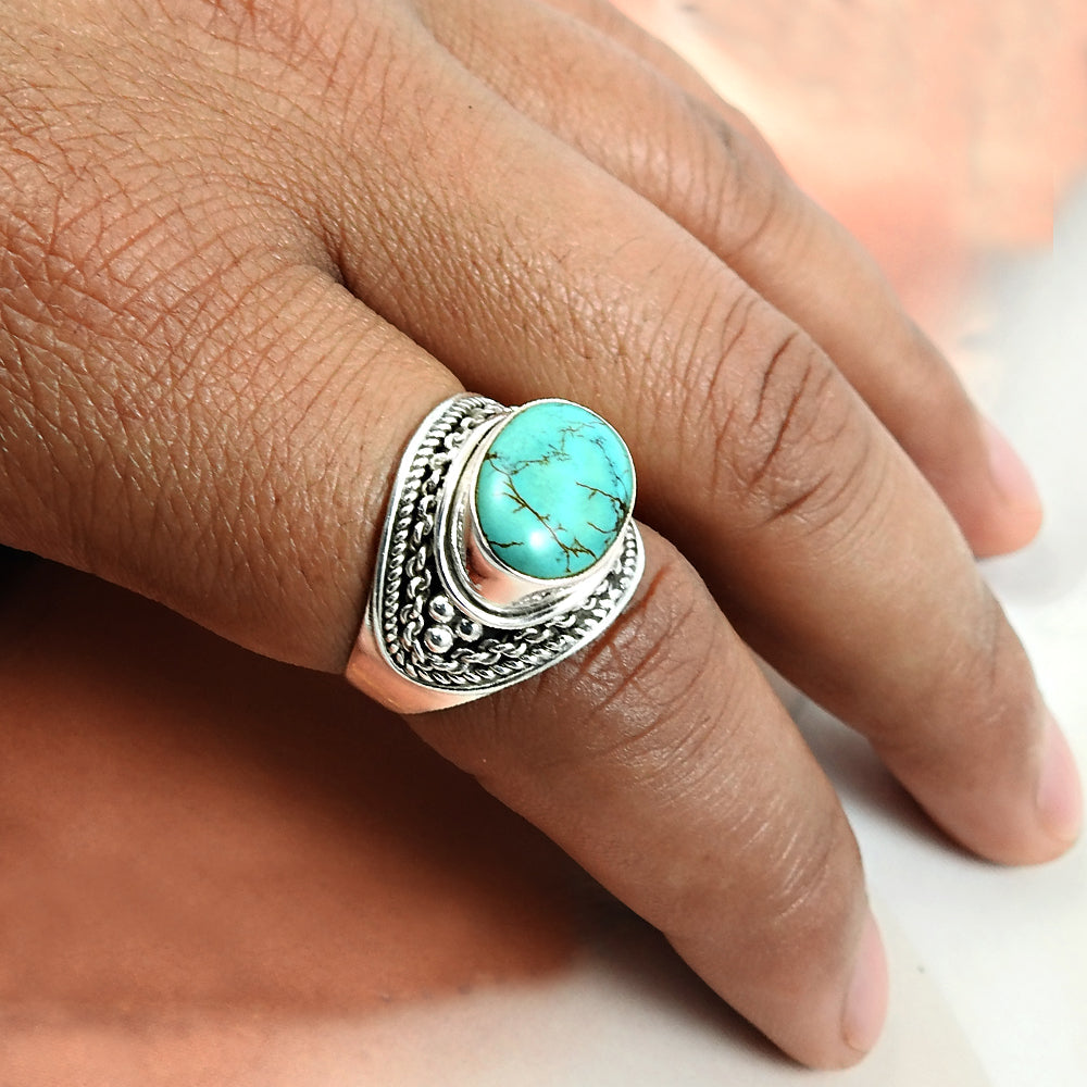 Gift For Woman 925 Silver Natural Turquoise Cocktail Ethnic Ring W1
