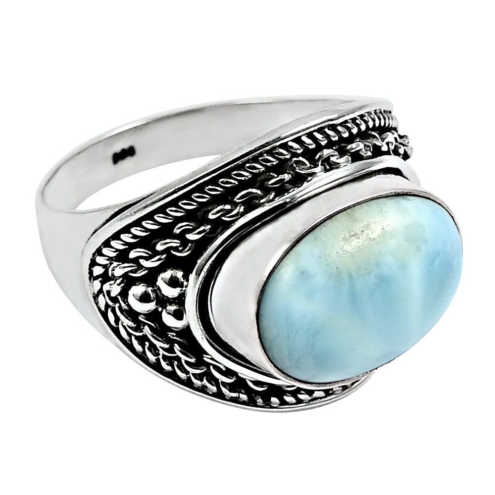 925 Sterling Silver Natural Blue Larimar Gemstone Statement Bohemian Ring