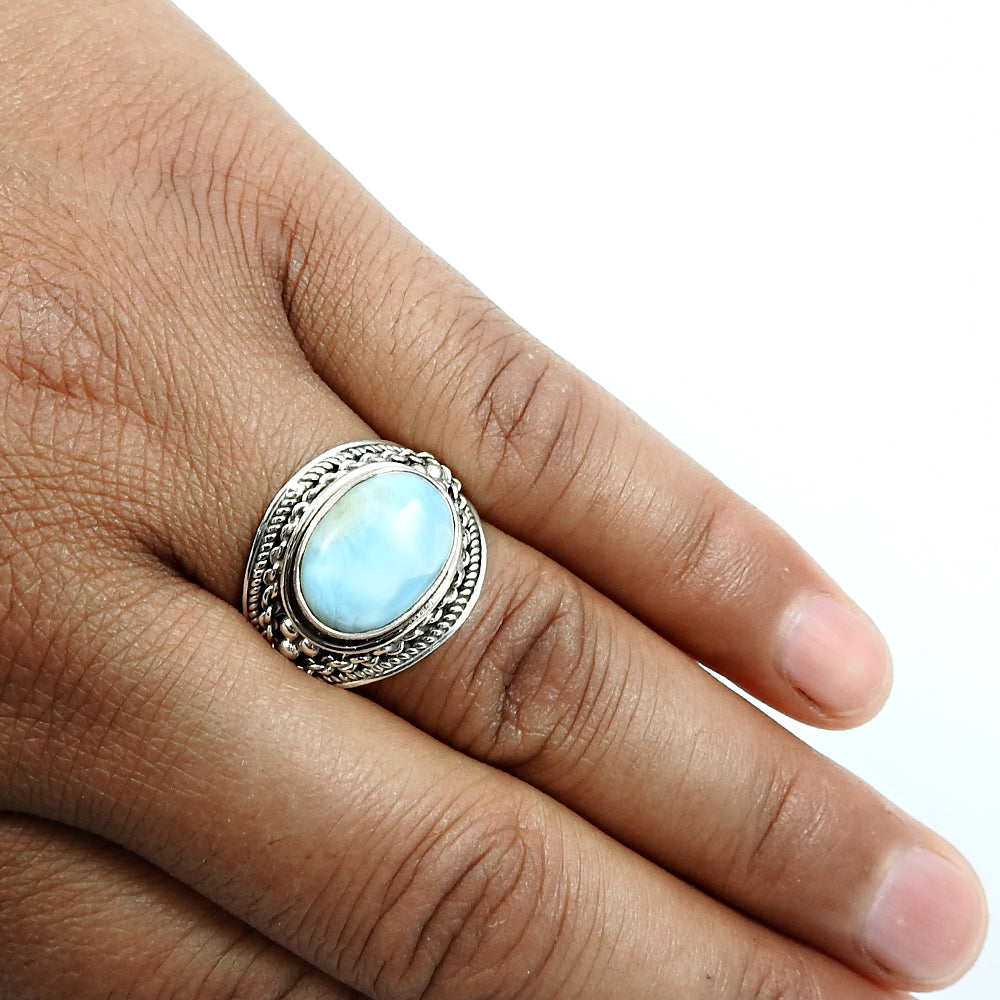 925 Sterling Silver Natural Blue Larimar Gemstone Statement Bohemian Ring