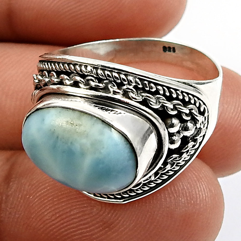 925 Sterling Silver Natural Blue Larimar Gemstone Statement Bohemian Ring