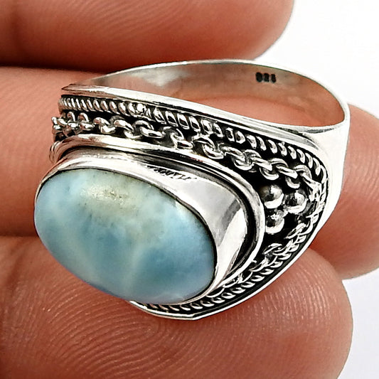 925 Sterling Silver Natural Blue Larimar Gemstone Statement Bohemian Ring