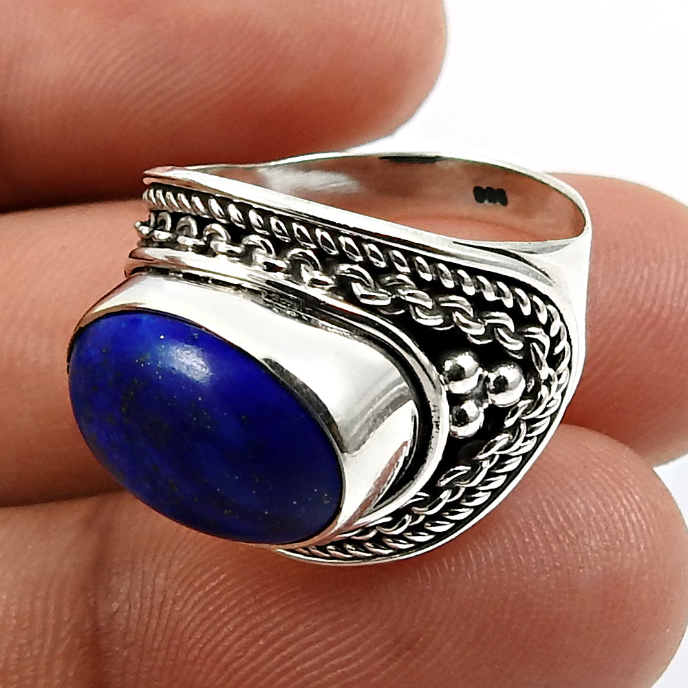 Oval Lapis Lazuli Gemstone Trendy Ethnic Statement Ring 925 Sterling Silver