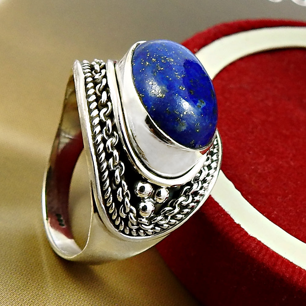Oval Lapis Lazuli Gemstone Trendy Ethnic Statement Ring 925 Sterling Silver