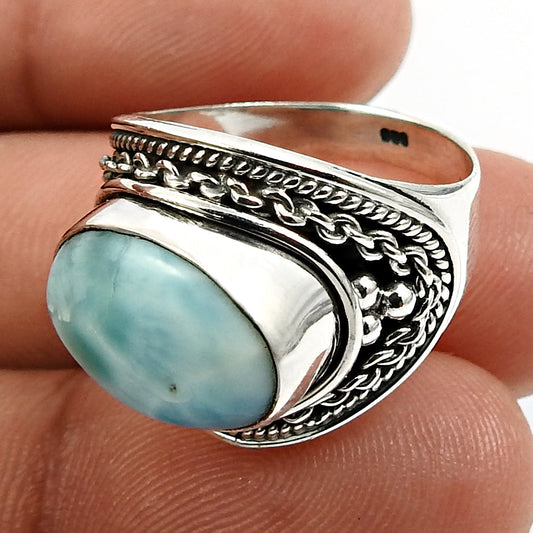 925 Sterling Silver Natural Blue Larimar Gemstone Statement Bohemian Ring