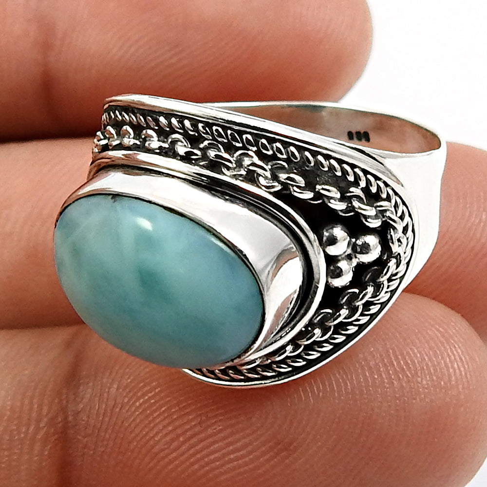 925 Sterling Silver Natural Blue Larimar Gemstone Statement Bohemian Ring