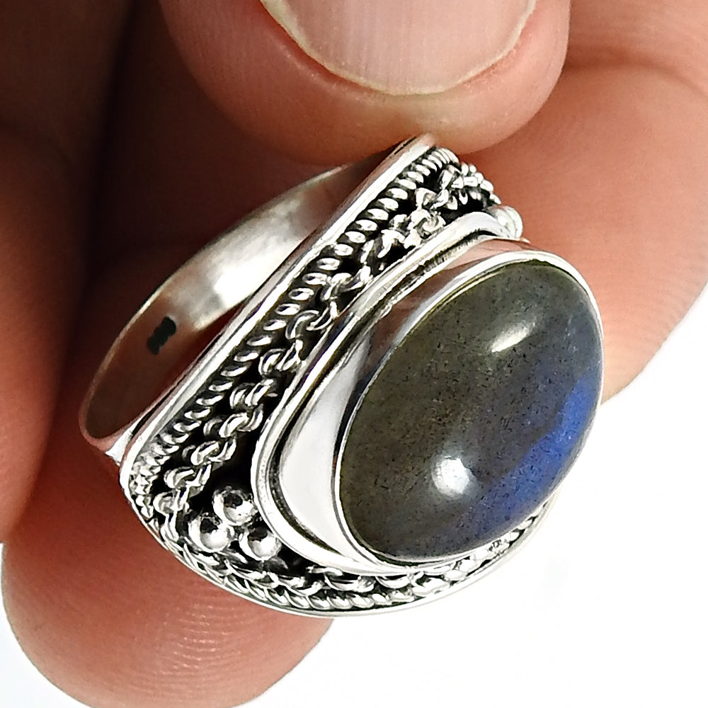 Natural Labradorite Cocktail Bohemian Ring 925 Silver For Women Z7
