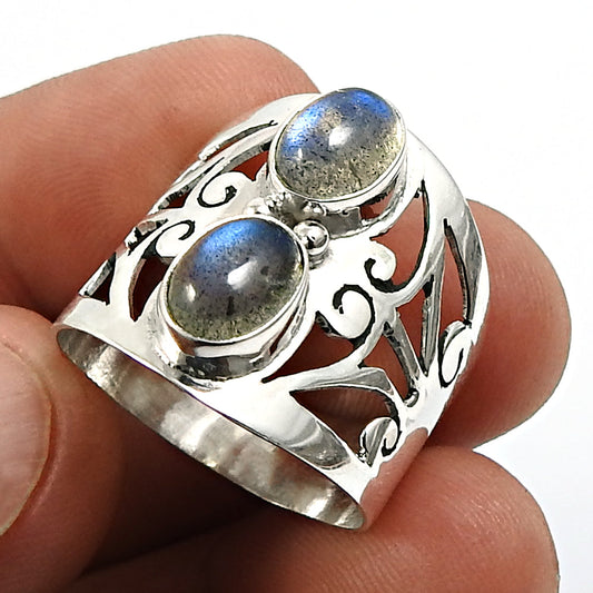 Gift For Woman 925 Silver Natural Labradorite Statement Vintage Ring G2