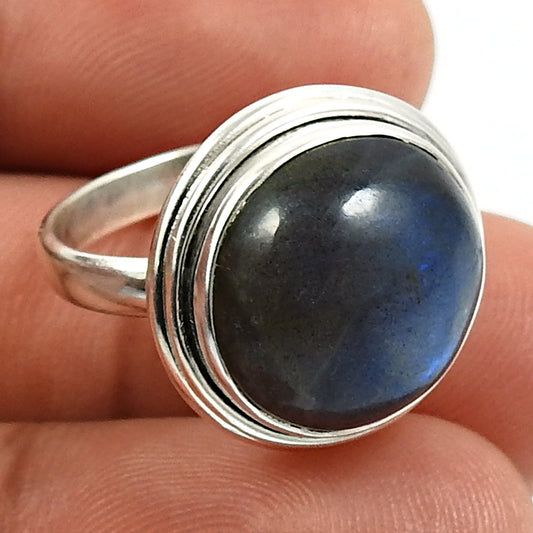 Gift For Woman Natural Labradorite Solitaire Ethnic Ring 925 Silver C8