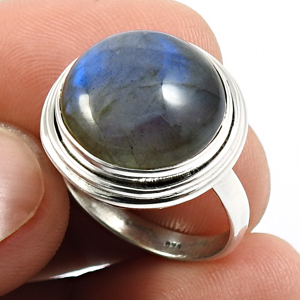 Gift For Woman Natural Labradorite Solitaire Ethnic Ring 925 Silver C8