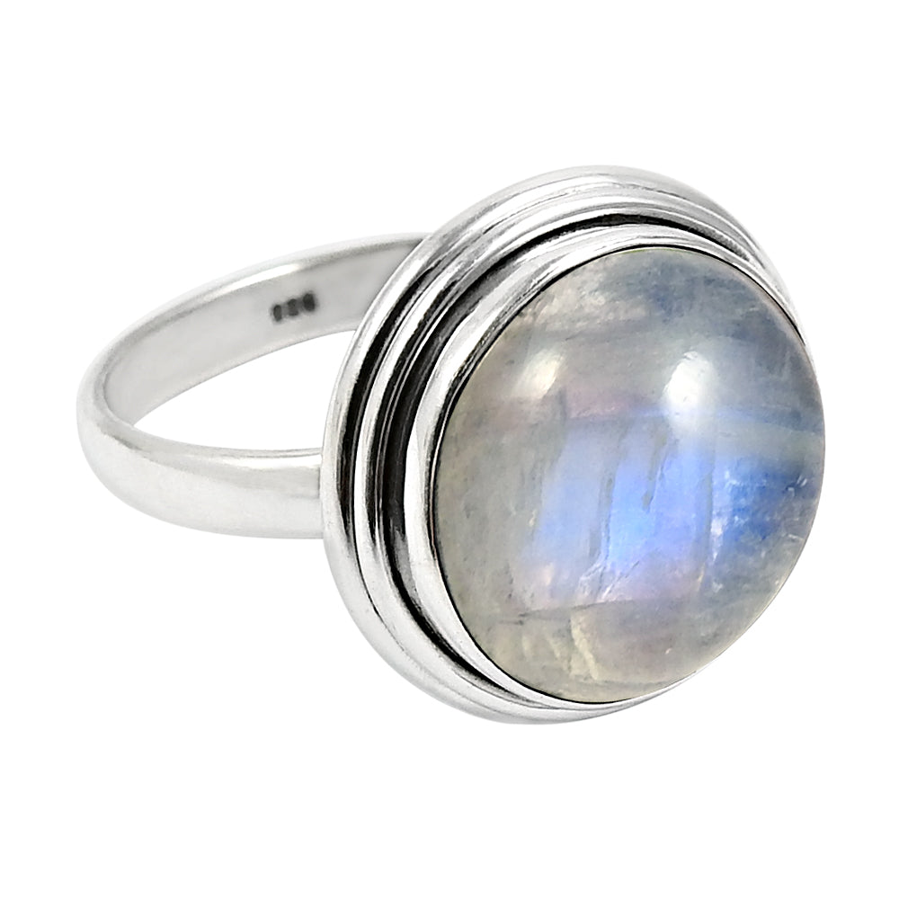 Sterling Silver Round Natural Rainbow Moonstone New Statement Boho Ring