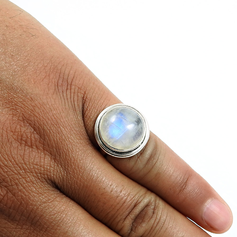 Sterling Silver Round Natural Rainbow Moonstone New Statement Boho Ring