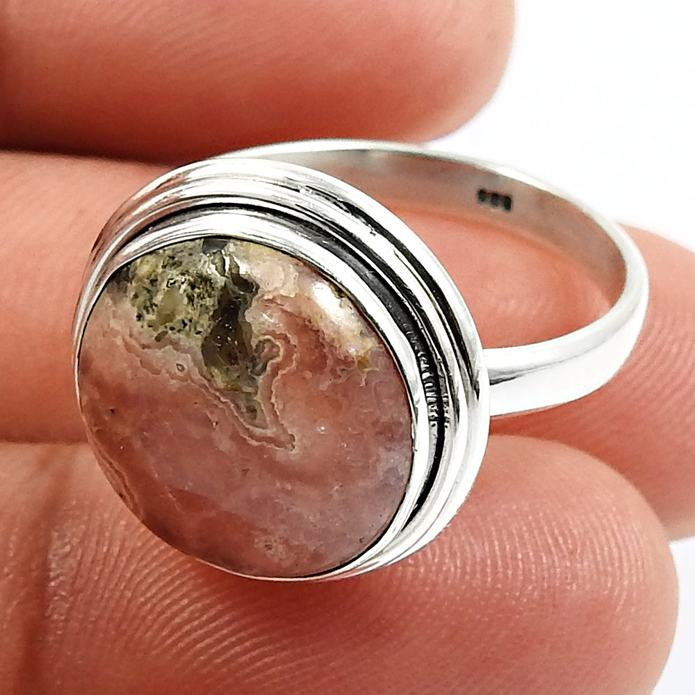 Gift For Woman Natural Rhodochrosite Cocktail Boho Ring 925 Silver I23