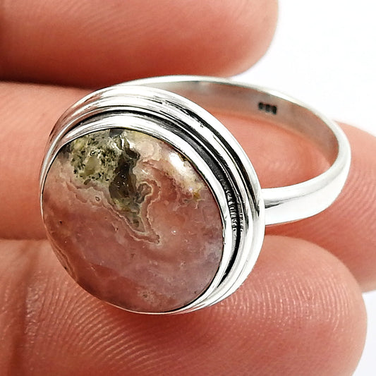 Gift For Woman Natural Rhodochrosite Cocktail Boho Ring 925 Silver I23