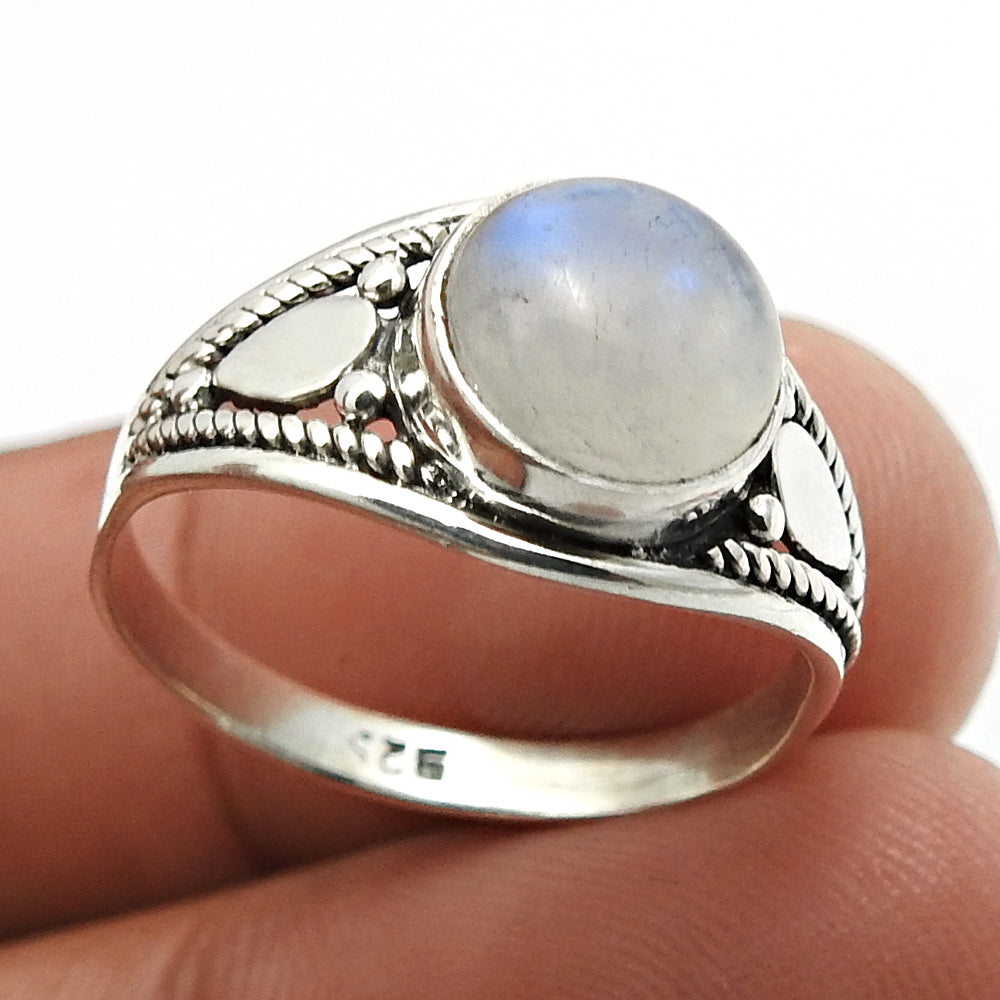 Natural Rainbow Moonstone Solitaire Ethnic Ring 925 Silver L8