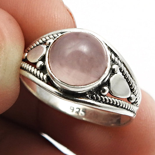 Natural Rose Quartz Gemstone Solitaire Boho Ring 925 Silver For Girls K26