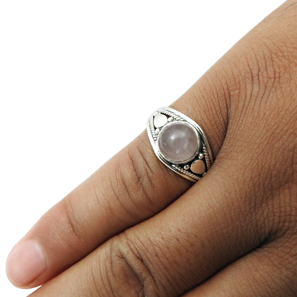 Natural Rose Quartz Gemstone Solitaire Boho Ring 925 Silver For Girls K26