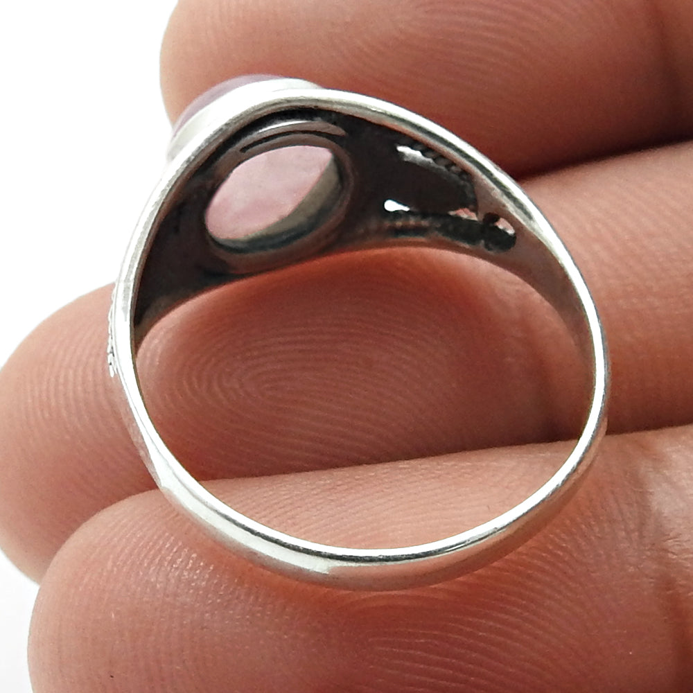 Natural Rose Quartz Gemstone Solitaire Boho Ring 925 Silver For Girls K26