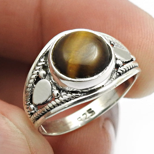 Natural Tiger Eye Statement Vintage Ring 925 Silver For Girls V8