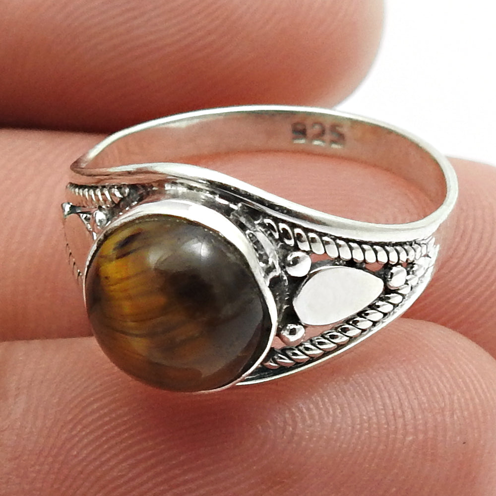 Natural Tiger Eye Statement Vintage Ring 925 Silver For Girls V8