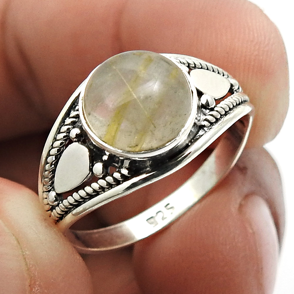 Solid 925 Silver Natural Golden Rutile Gemstone Ethnic Ring D4